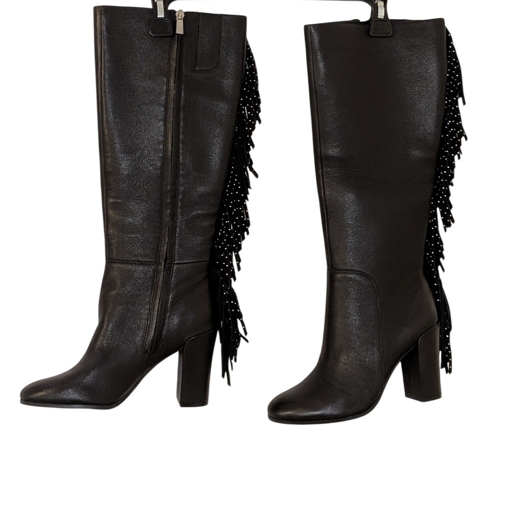 Kenneth Cole New York Justin Fringe Studded Black Leather Knee High Boots 8M NEW